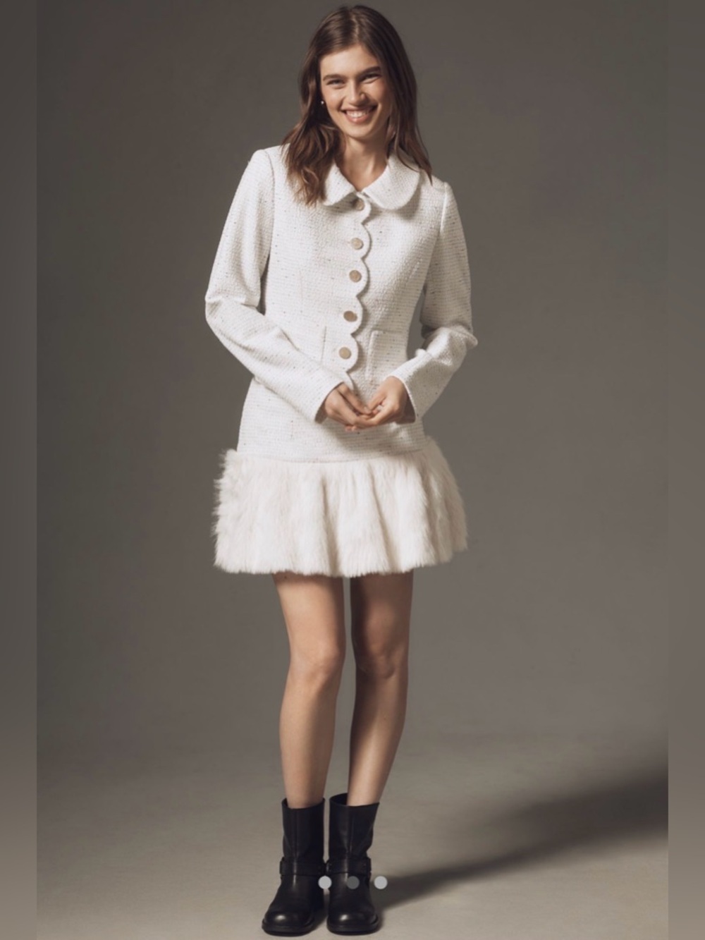 Anthropologie Cream Tweed Mini Skirt Skort with Faux Fur Trim - Picture 2 of 4